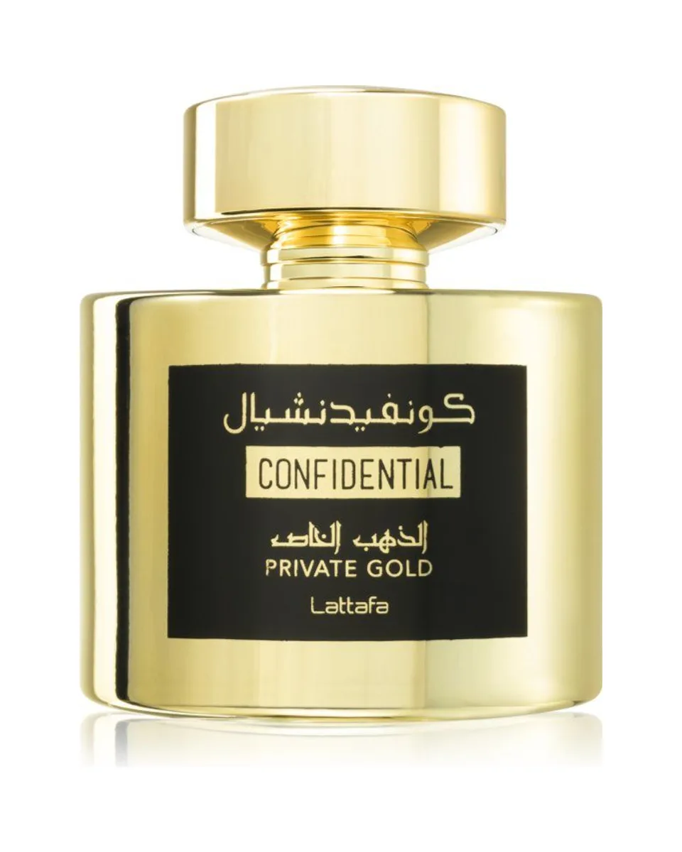 Frasco do perfume Lattafa Confidential Private Gold