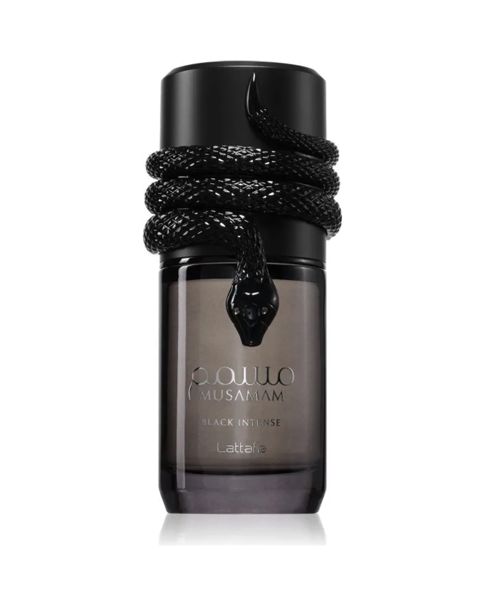 Frasco do perfume Lattafa Musamam Black Intense