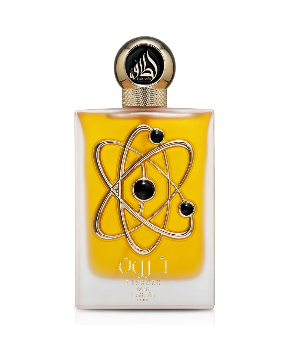 Frasco do perfume Lattafa Tharwah Gold